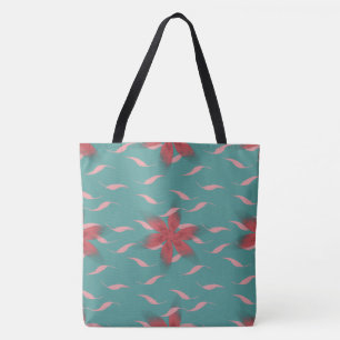 Tropical coral floral pattern on teal, beach tote bag
