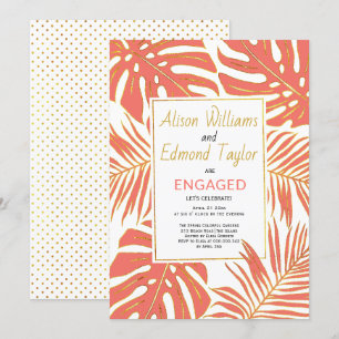 Tropical coral, gold leaves engagement party invitation