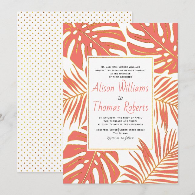 Tropical coral monstera and palm leaves wedding invitation (Front/Back)
