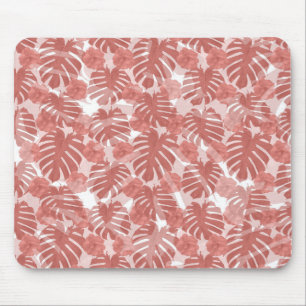 Tropical Coral Monstera Palm Leaves Pattern Mouse Pad