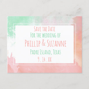 Tropical Coral Neo Mint Watercolor Save the Date Announcement Postcard