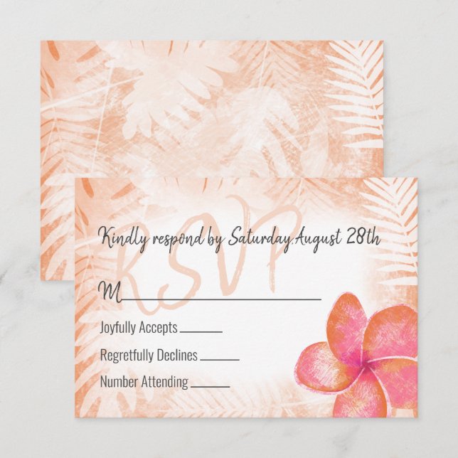 Tropical Coral Pink Plumeria RSVP Enclosure Card (Front/Back)