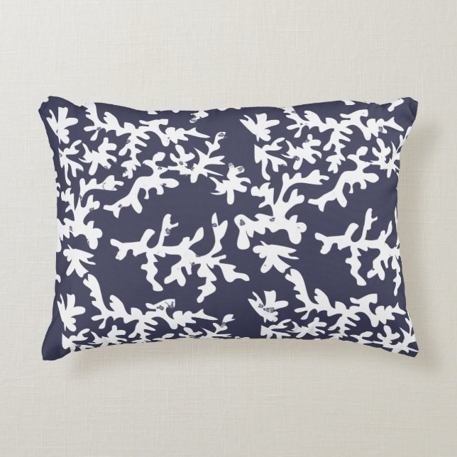 Tropical Coral Reef Navy Blue and White Aquatic Accent Pillow (Front)