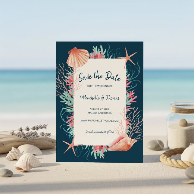 Tropical Coral Reef | Navy Blue Beach Seashells Save The Date (Creator Uploaded)
