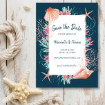 Tropical Coral Reef | Navy Blue Beach Seashells Save The Date<br><div class="desc">Nautical, "Under the Sea" theme wedding Save the Date card features a watercolor coral reef and seashells (starfish, conch and scallop shells) in shades of aqua blue, mint, coral, and pink on a deep navy blue background. Coordinates with my "Tropical Reef" collection and is perfect for beach, ocean, nautical, coastal,...</div>