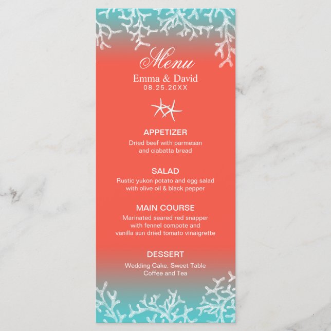 Tropical Coral Reef Starfish Beach Wedding Menu (Front)