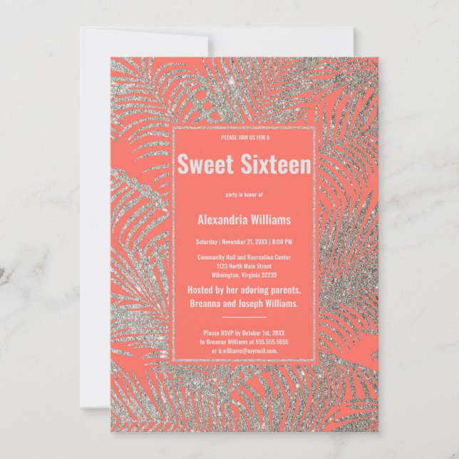 Tropical coral silver glitter floral Sweet 16 Invitation (Front)