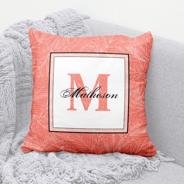 Tropical Coral & White Leaves Patterned Monogram Throw Pillow (Coral and White Monogram Pillow (with Leaves Pattern Monogram) and Any Name)