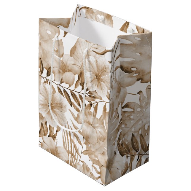 Tropical Cream Floral Leaves Birthday Medium Gift Bag (Front Angled)