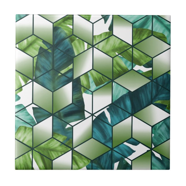 Tropical Cubic Effect Banana Leaves Design Tile (Front)