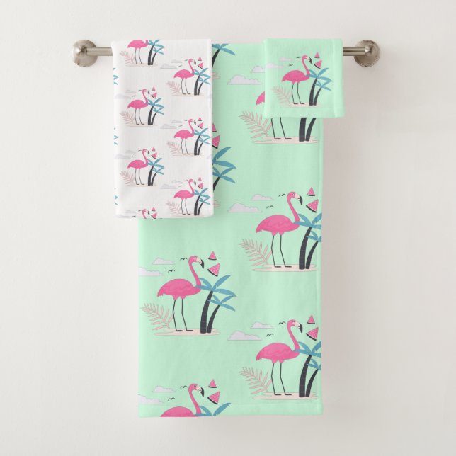 Tropical Cute funny flamingo watercolor pattern Bath Towel Set (Insitu)