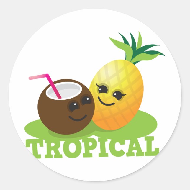 TROPICAL cute Kawaii Coconut and pineapple Classic Round Sticker (Front)