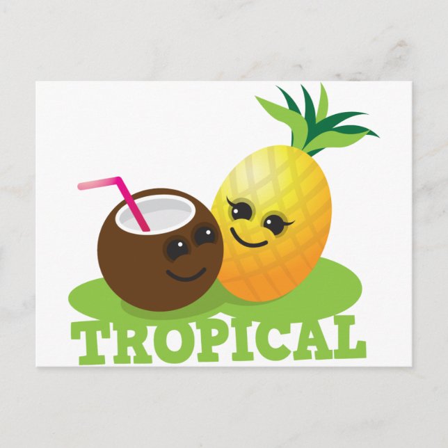 TROPICAL cute Kawaii Coconut and pineapple Postcard (Front)