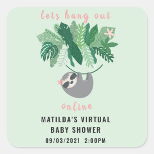 Tropical cute sloth hang out online baby shower square sticker