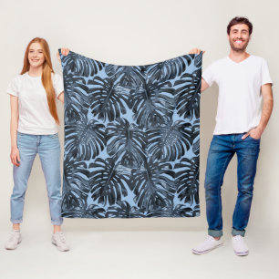 Tropical Dark Blue Black Jungle Leaves Fleece Blanket