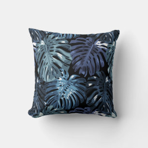 Tropical Dark Blue Black Monstera Jungle Leaves Throw Pillow