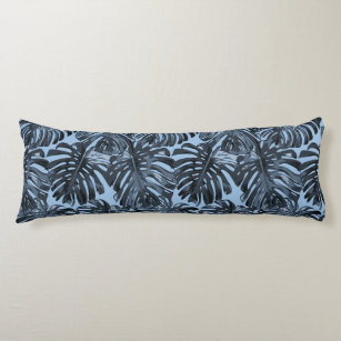 Tropical Dark Blue Grey Monstera Jungle Leaves Body Pillow