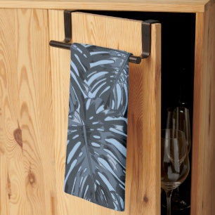 Tropical Dark Blue Monstera Jungle Leaves Kitchen Towel