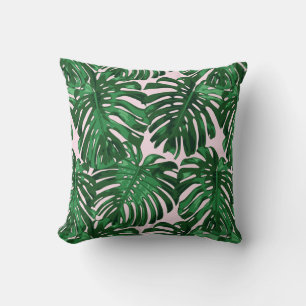 Tropical Dark Green Pink Monstera Jungle Leaves Throw Pillow