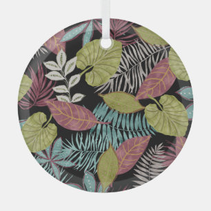 Tropical Dark Leaves: Textile Pattern Design Glass Ornament