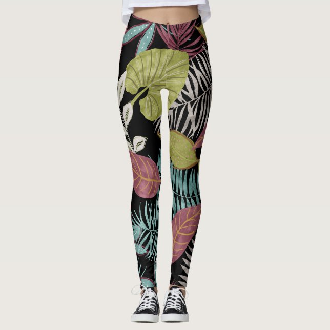Tropical Dark Leaves: Textile Pattern Design Leggings (Front)