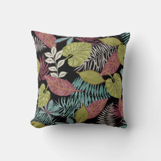 Tropical Dark Leaves: Textile Pattern Design Throw Pillow
