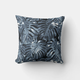 Tropical Dark Muted Blue Palm Leaves Throw Pillow