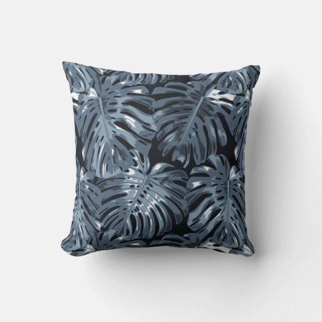 Tropical Dark Muted Blue Palm Leaves Throw Pillow (Front)