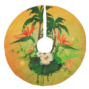 Tropical design with flowers and palm trees faux linen tree skirt