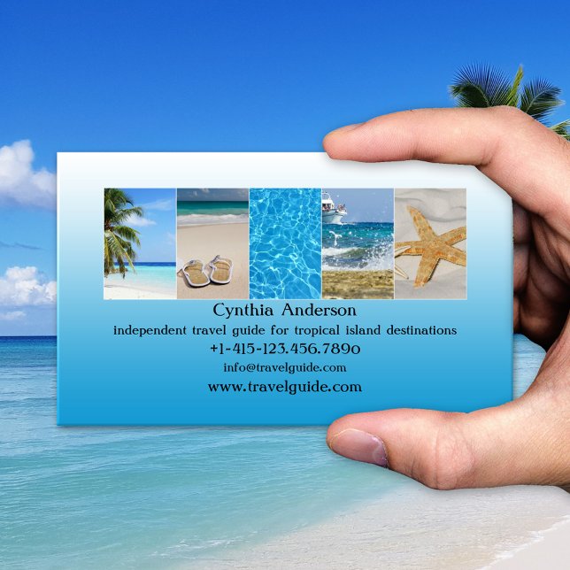 Tropical Destination QR Code Travel Agent Business Card (Blue tropical beach travel agent business card)