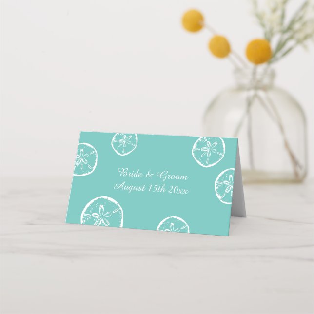 Tropical destination sand dollars theme wedding place card (Front)