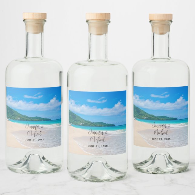 Tropical Destination Scenic Beach Wedding Liquor Bottle Label (Bottles)
