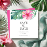 Tropical Destination Wedding Save The Date Cards<br><div class="desc">These destination wedding save the date invitations feature a top boarder of elegant watercolor tropical flowers and monstera palm leaves. The words "Save the Date" are typeset in charcoal grey over a crisp white background. Use the template fields to add you custom details. The card reverses to a matching vibrant...</div>