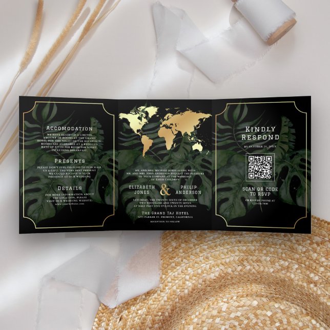 Tropical Destination World Map All in One Wedding Tri-Fold Invitation (Creator Uploaded)