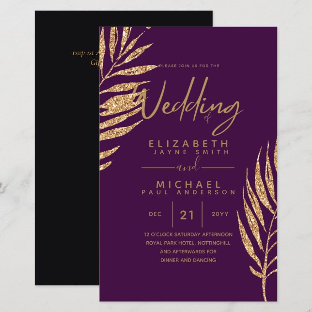 Tropical Disco Wedding Invitation Gold Leaves (Front/Back)