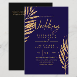 Tropical Disco Wedding Invitation Gold Leaves