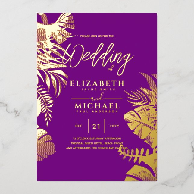 Tropical Disco Wedding Invitation Gold Magenta Foi (Front)