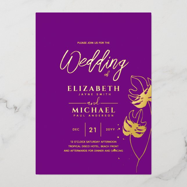Tropical Disco Wedding Invitation Gold Magenta Foi (Front)
