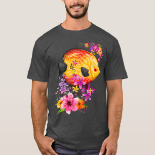 Tropical Discus Fish With Colourful Flowers Design T-Shirt