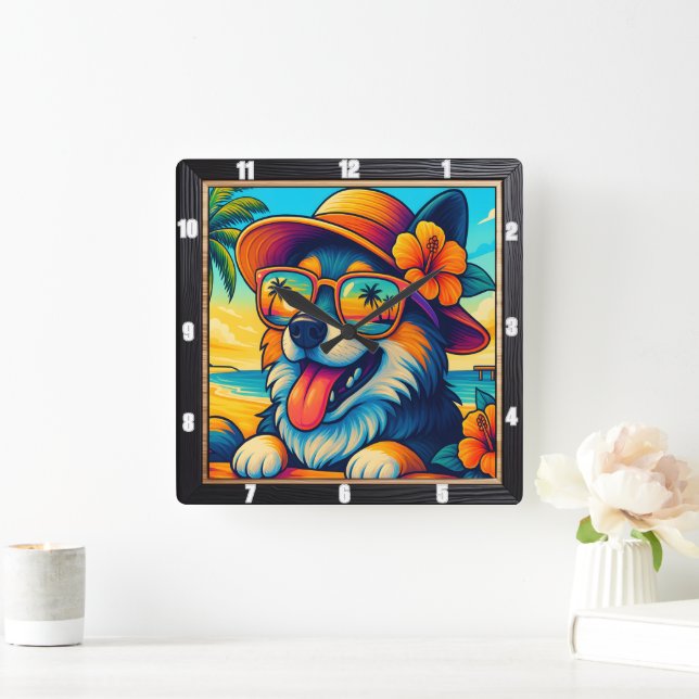 Tropical Dog Sunglasses Cartoon Square Wall Clock (Home)