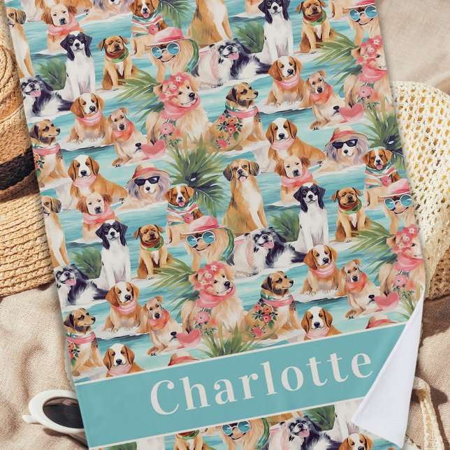 Tropical Dogs Colourful Summer Personalized Cute Beach Towel (Creator Uploaded)