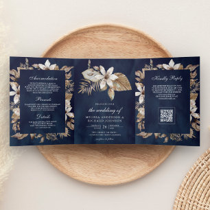  Tropical Dried Palm Leaves Navy QR Code Wedding Tri-Fold Invitation