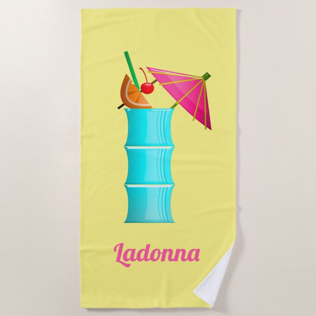 Tropical drink yellow blue pink cocktail summer beach towel (Front)