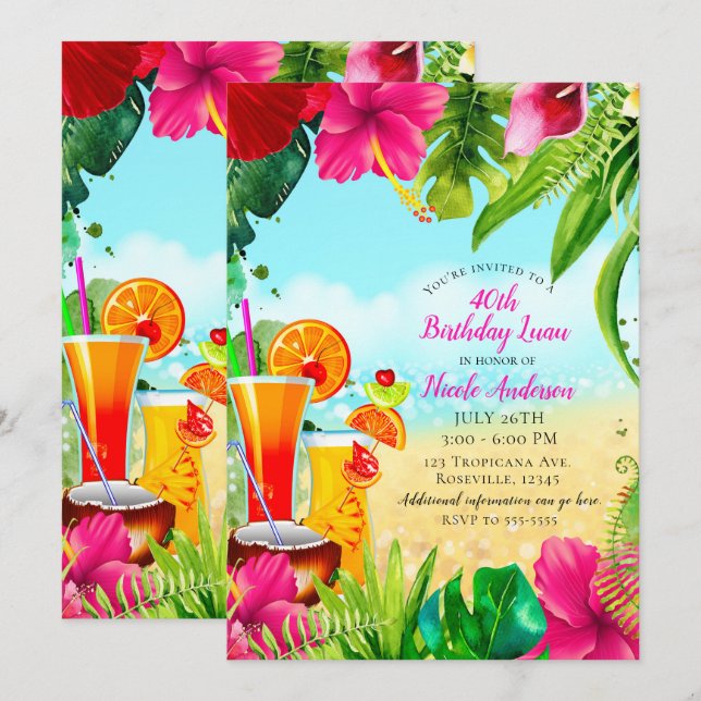 Tropical Drinks & Flowers Summer Birthday Party Invitation (Front/Back)