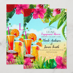 Tropical Drinks & Flowers Summer Luau Engagement Invitation