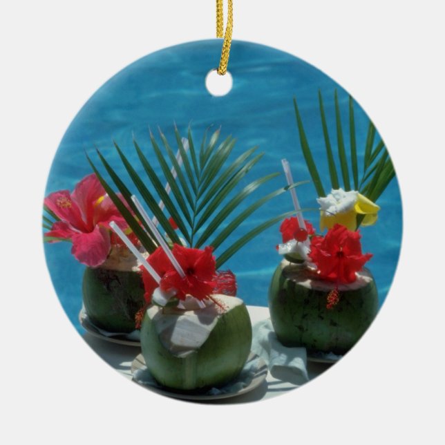 Tropical drinks, Hawaii flowers Ceramic Ornament (Front)