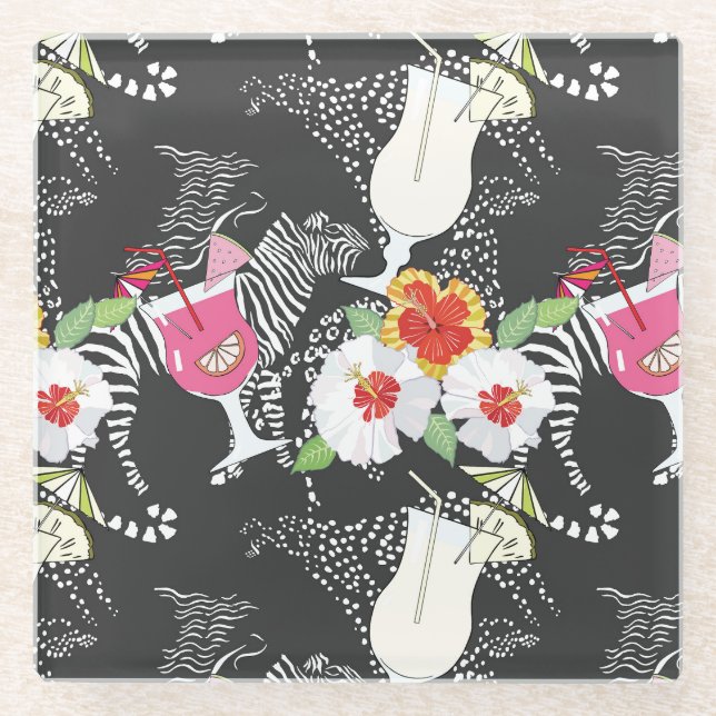 Tropical Drinks With Animals Glass Coaster (Front)