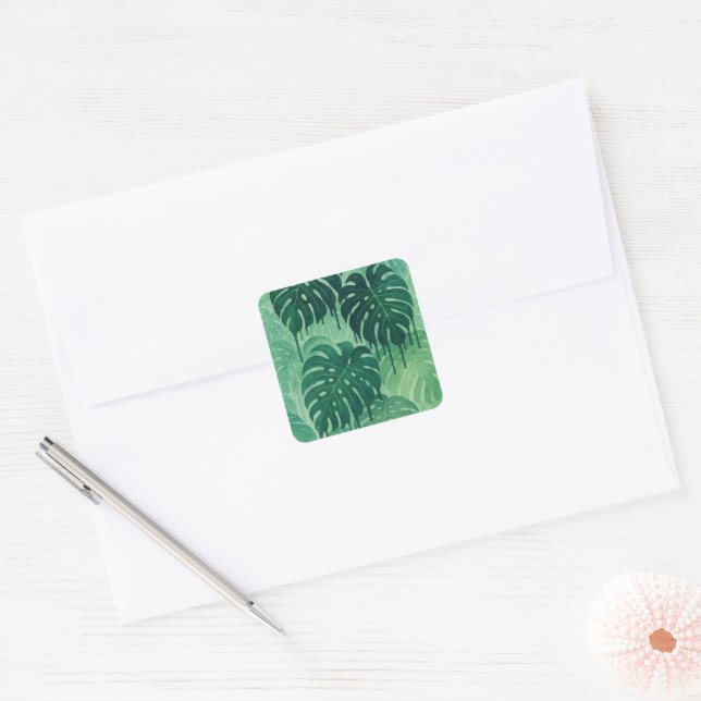  Tropical Drip – Monstera Leaves Watercolor Jungle Square Sticker (Envelope)