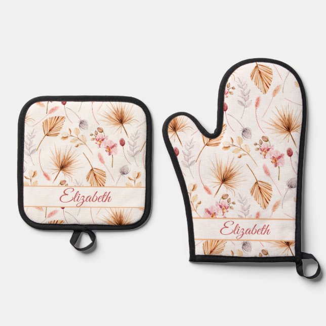 Tropical Dry Leaves and Orchids Custom Name Oven Mitt & Pot Holder Set (Front)