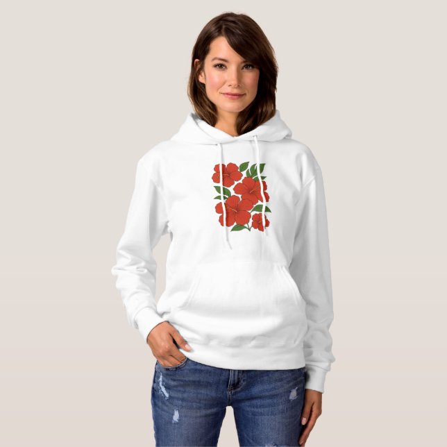 Tropical Elegance Red Hibiscus on Black Hoodie (Front Full)